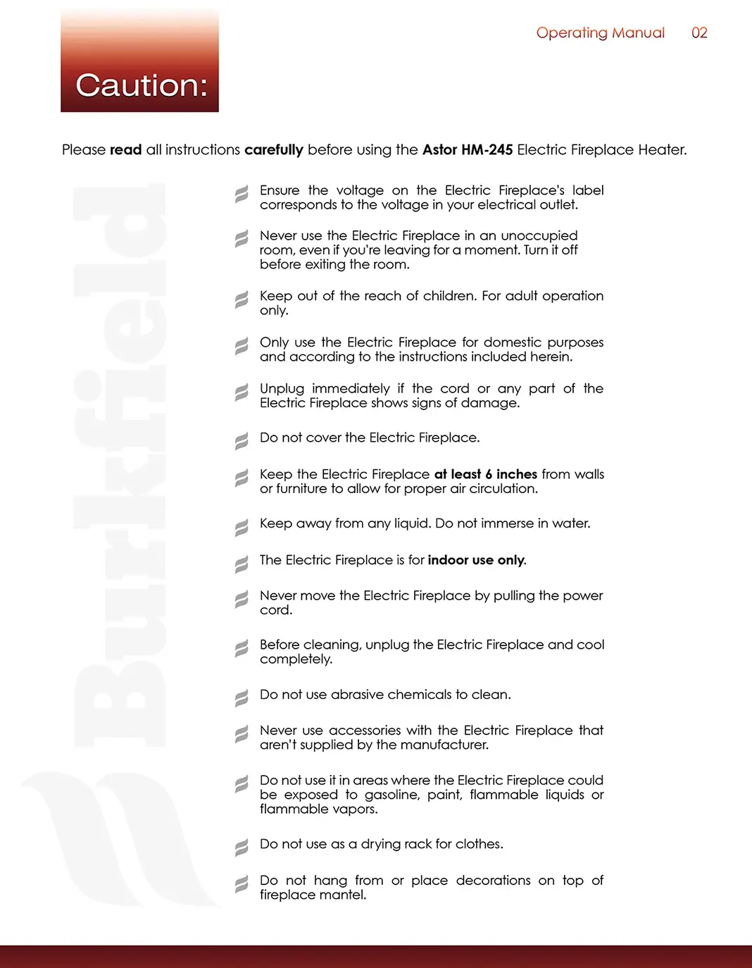 Burkfield Astor HM-245 Operating Manual: Page #2: Caution